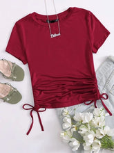 DRAWSTRING SIDE SOLID TEE-WINE